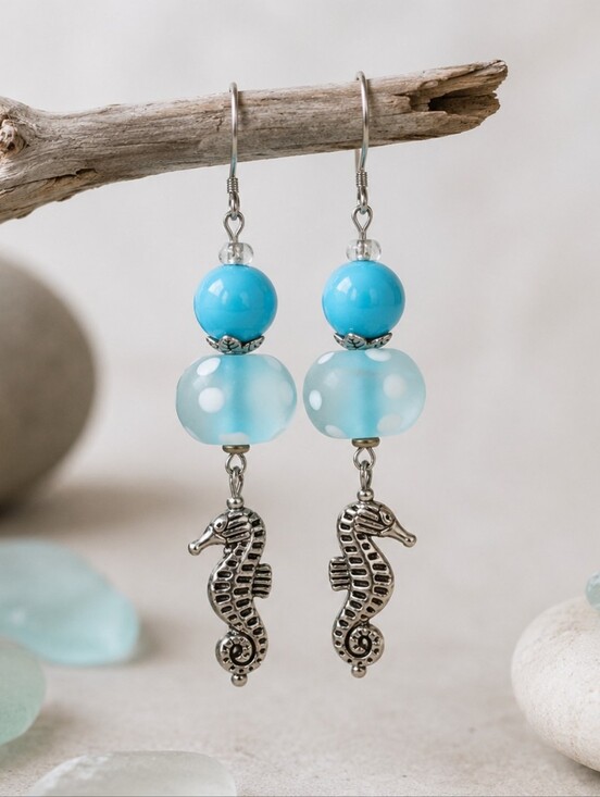 Hand Crafted Jewelry - Silver Seahorse Earrings Seaglass Coastal Treasures Artisan Jewelry Handcrafted